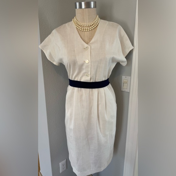 Vintage Homemade Dress with Navy Belt and Polka Dot Scarf - Picture 2 of 8